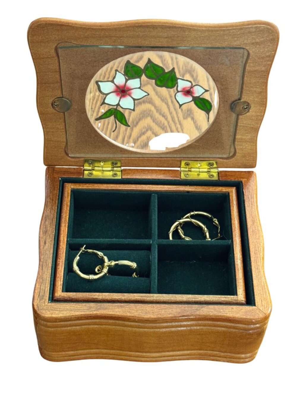 Mele Wooden Jewelry Box Green Velvet Lift Out Tray Glass Floral Lid - Picture 3 of 10